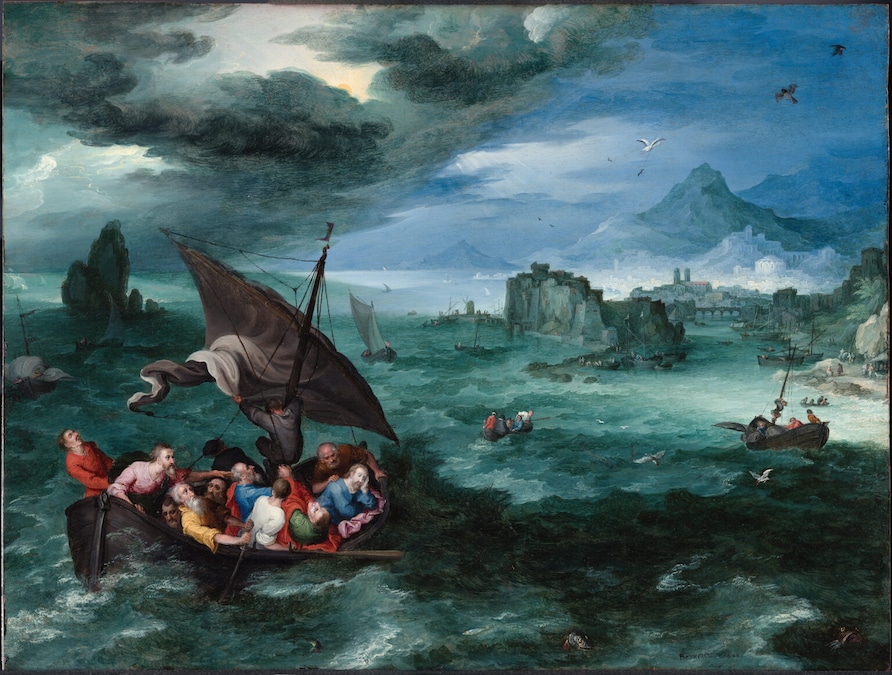 Jan Brueghel il Vecchio, Cristo nella tempesta sul mare di Galilea, 1596. Olio su rame, cm 26,6 × 35 Madrid, Museo Nacional Thyssen-Bornemisza