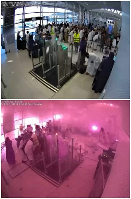 Un montaggio fotografico mostra le immagini delle telecamere di sorveglianza che ritraggono persone in piedi proprio prima dell’attacco (in alto) e il fumo e le fiamme mentre la gente reagisce al momento dell’attacco (in basso), all’Aeroporto Internazionale Re Khalid di Riyadh, in Arabia Saudita (via REUTERS)