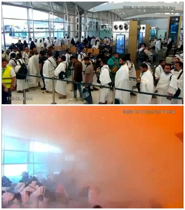 Un montaggio fotografico mostra le immagini delle telecamere di sorveglianza che ritraggono persone in coda proprio prima del momento dell’attacco (in alto) e persone che reagiscono in mezzo al fumo nel momento stesso dell’attacco (in basso), all’Aeroporto Internazionale Re Khalid di Riyadh, in Arabia Saudita (via REUTERS)