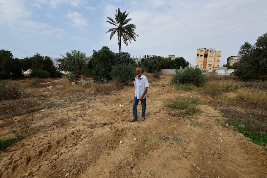 L'agricoltore palestinese Haidar Abu Middain, 60 anni, cammina attraverso il suo terreno danneggiato, che prima della guerra a Gaza era coltivato a ulivi, la maggior parte dei quali è andata perduta a causa del conflitto, nel campo di Bureij, nella Striscia di Gaza centrale, il 12 ottobre 2026. REUTERS/Mahmoud Issa (REUTERS)