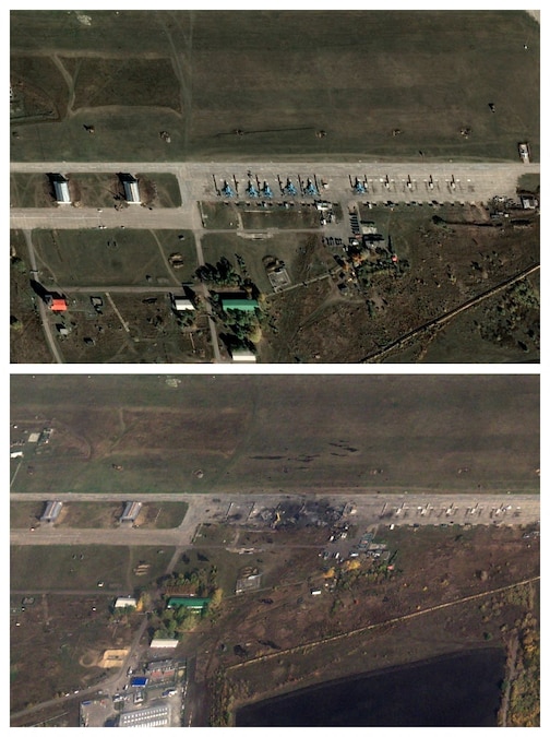 Un'immagine composita mostra una vista satellitare degli aerei parcheggiati in un aeroporto a Borisoglebsk, nella regione di Voronezh, in Russia, (in alto) e i danni all’aeroporto, dove la marina ucraina ha dichiarato di aver distrutto sei aerei militari russi Su-34M in un attacco notturno a Borisoglebsk, nella regione di Voronezh, in Russia (via REUTERS)