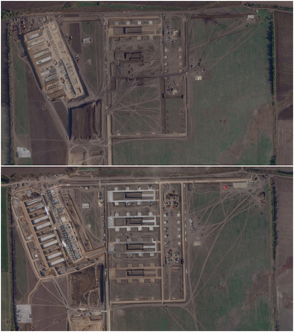 Una serie di immagini satellitari mostra l’area in cui è in costruzione un grande sito di lancio per droni, nei pressi di Millerovo, nella regione di Rostov, in Russia (via REUTERS)