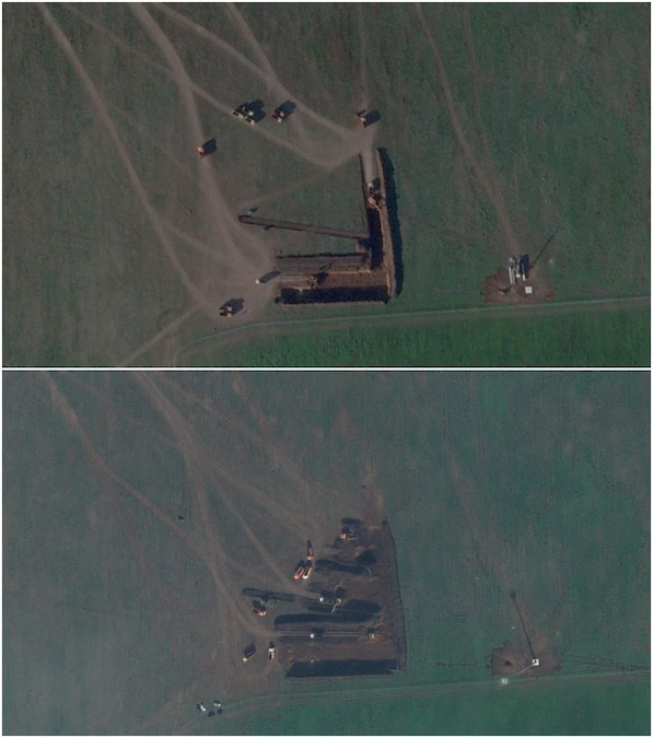Una serie di immagini satellitari mostra un primo piano dei lavori in corso in un sito in cui è in fase di costruzione una grande base di lancio per droni, nei pressi di Millerovo, nella regione di Rostov, in Russia (via REUTERS)