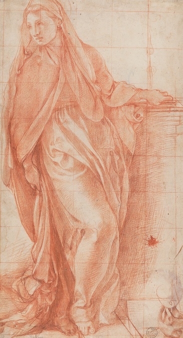 Pontormo (Jacopo da Pontormo) Madonna ammantata e velata in piedi (per la cappella Capponi), 1527 circa pietra rossa, sfumino, tracce di gessetto bianco, stilo, quadrettatura a pietra rossa su carta, 393 × 217 mm Firenze, Gallerie degli Uffizi, Gabinetto dei Disegni e delle Stampe Per gentile concessione del Ministero della Cultura / Gabinetto Fotografico delle Gallerie degli Uffizi, Firenze