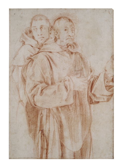 Pontormo (Jacopo da Pontormo). Due certosini (verso), 1525 circa pietra rossa, pietra rossa in parte inumidita sul verso (?) su carta, 281 × 195 mm Londra, The British Museum © The Trustees of the British Museum, London