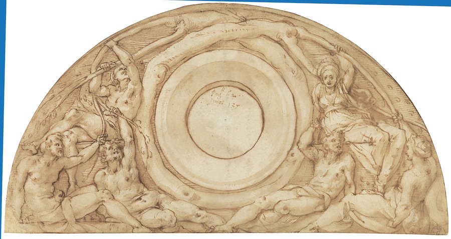 Pontormo (Jacopo da Pontormo) Tre figure maschili e tre femminili sedute su gradoni attaccate con le mani ai rami di un albero (lunetta per Poggio a Caiano), 1519-1520 penna, inchiostro diluito, tracce di pietra nera e stilo su carta, 198 × 380 mm Firenze, Gallerie degli Uffizi, Gabinetto dei Disegni e delle Stampe Per gentile concessione del Ministero della Cultura / Gabinetto Fotografico delle Gallerie degli Uffizi, Firenze