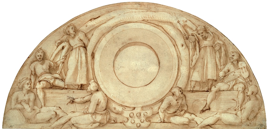 Pontormo (Jacopo da Pontormo) Otto figure maschili in parte sedute e in parte in piedi su gradoni, distribuite attorno a una finestra circolare circondata da un tronco d’albero (lunetta per Poggio a Caiano), 1519-1520 penna e inchiostro diluito, tracce di pietra nera e stilo su carta, 185 × 381 mm Firenze, Gallerie degli Uffizi, Gabinetto dei Disegni e delle Stampe Per gentile concessione del Ministero della Cultura / Gabinetto Fotografico delle Gallerie degli Uffizi, Firenze