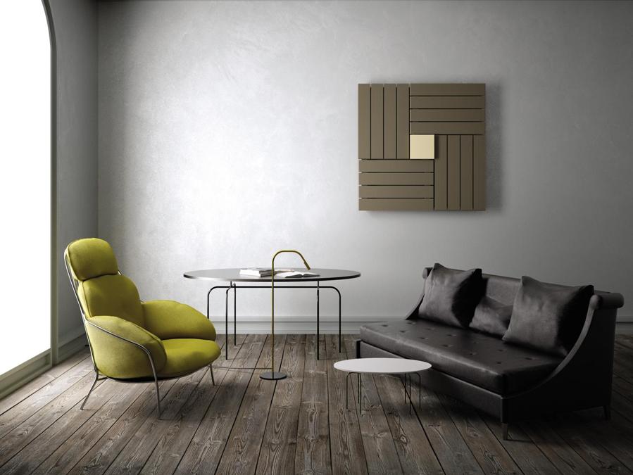 Square, Franca Lucarelli e Bruna Rapisarda per Scirocco H, Essence Edition. Radiatore tradizionale con gli attacchi all'impianto idraulico mascherati da un elemento umidificatore, già predisposto in diverse essenze: muschio bianco, vaniglia e legno, agrumi, orchid e mela/cannella