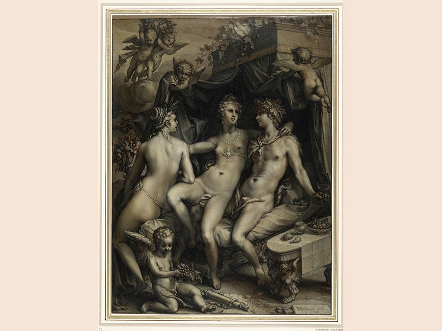 Hendrik Goltzius. Without Ceres and Bacchus, Venus Would Freeze, 1599. Chalk, ink and oil on paper, 43.5 × 32.1 cm. The British Museum, London. © The Trustees of The British Museum