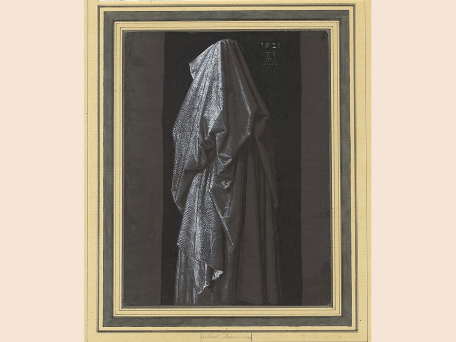 Albrecht Dürer. A Woman in Netherlandish Dress seen from behind (Drapery Study), 1521. Brush and black ink, heightened with white, background with brush and black ink, on grey-violet prepared paper, 28 × 21.1 cm. The Albertina Museum, Vienna. © Albertina, Vienna