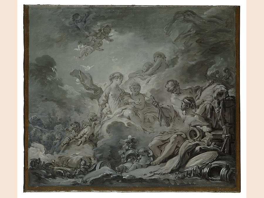 François Boucher. Vulcan's Forge (Vulcan presenting Venus with Arms for Aeneas), 1756. Oil sketch on canvas, 38 × 43 cm. © Paris, Les Arts Décoratifs / Jean Tholance