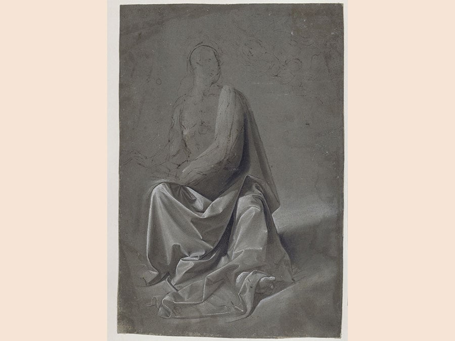 Domenico Ghirlandaio or workshop of Andrea del Verrocchio. Drapery Study (possibly study for Saint Matthew and an Angel), about 1477. Brown and black wash heightened with white on brown linen, 26.2 x 17.1 cm. © Kupferstichkabinett. Staatliche Museen zu Berlin / Photo: Jörg P. Anders