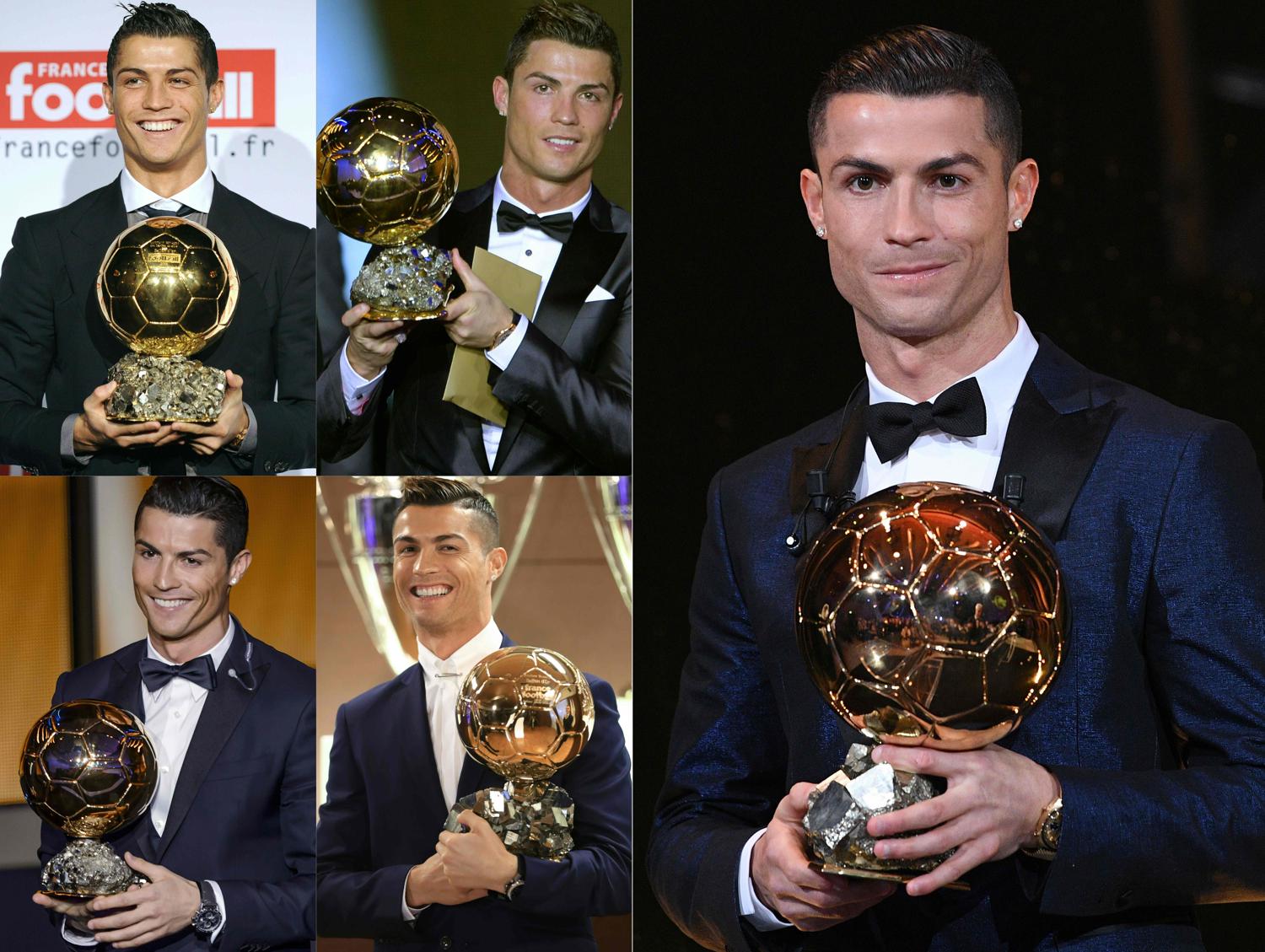 Cristiano Ronaldo e i suoi cinque Palloni d’oro (2008, 2013, 2015, 2016 e 2017. (AFP PHOTO)