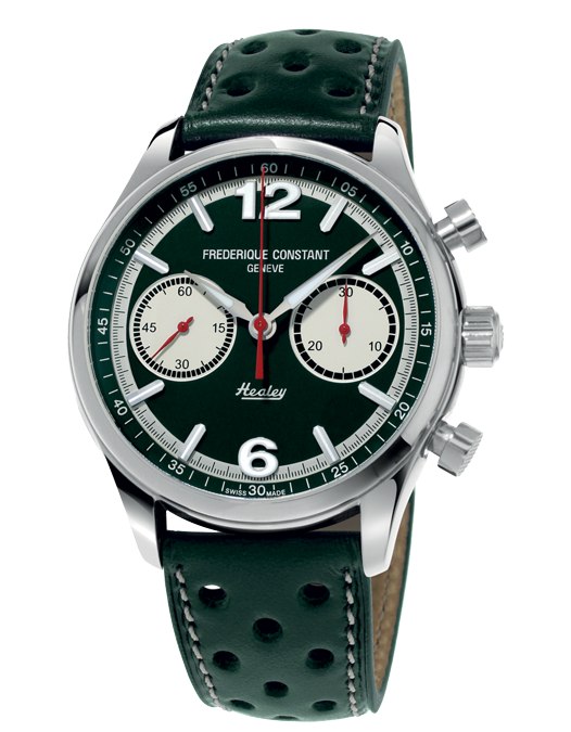 Frederique Constant. Il mondo dell’auto ha ispirato il Vintage Rally Healey Chronograph. Cassa in acciaio e quadrante di colore verde con contatori bianchi. Funzioni di cronografo e indicazioni di ore, minuti e secondi. Solo 2.888 esemplari. Prezzo: 1.345 euro