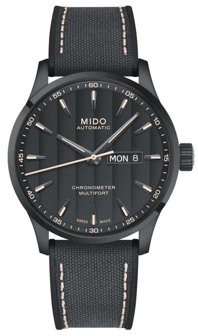 Mido. Segnatempo dal carattere sportivo il Multifort Chronometer 1 ha cassa in acciaio satinato di 42 mm con trattamento PVD nero. Il Calibro 80 certificato COSC ha una riserva di marcia di 80 ore. Quadrante nero con finiture côtes de Genève. Prezzo: 1.220 euro