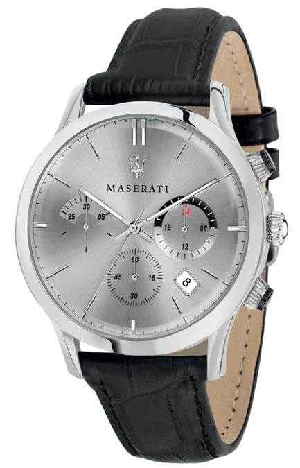 Maserati. Cassa di 42 mm in acciaio per il cronografo con data della collezione Ricordo. Quadrante argento con finiture sunray e cinturino in pelle nera stampa cocco completano le dotazioni di questa referenza. Prezzo: 299 euro