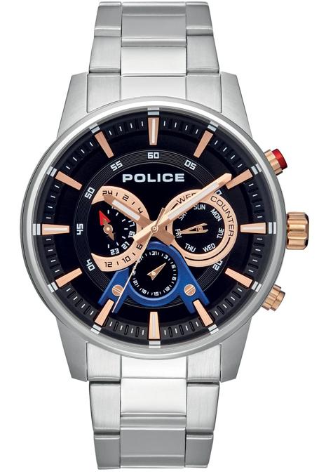 Police. Cassa in acciaio di 48 mm per questo segnatempo multifunzione con datario della collezione Avondale. Il bracciale è in acciaio mentre sul quadrante nero spiccano a ore 3,6 e 9 i tre contatori. Prezzo: 169 euro
