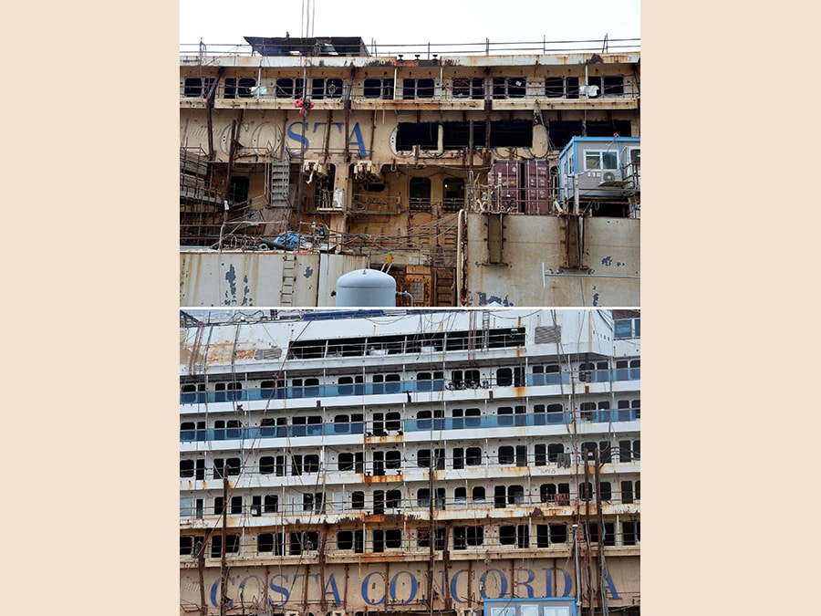 Nella combo in basso il fianco della Costa Concordia in un'immagine del giugno 2015 e in altro lo stesso fianco in un'immagine del novembre 2015. ANSA/ LUCA ZENNARO
