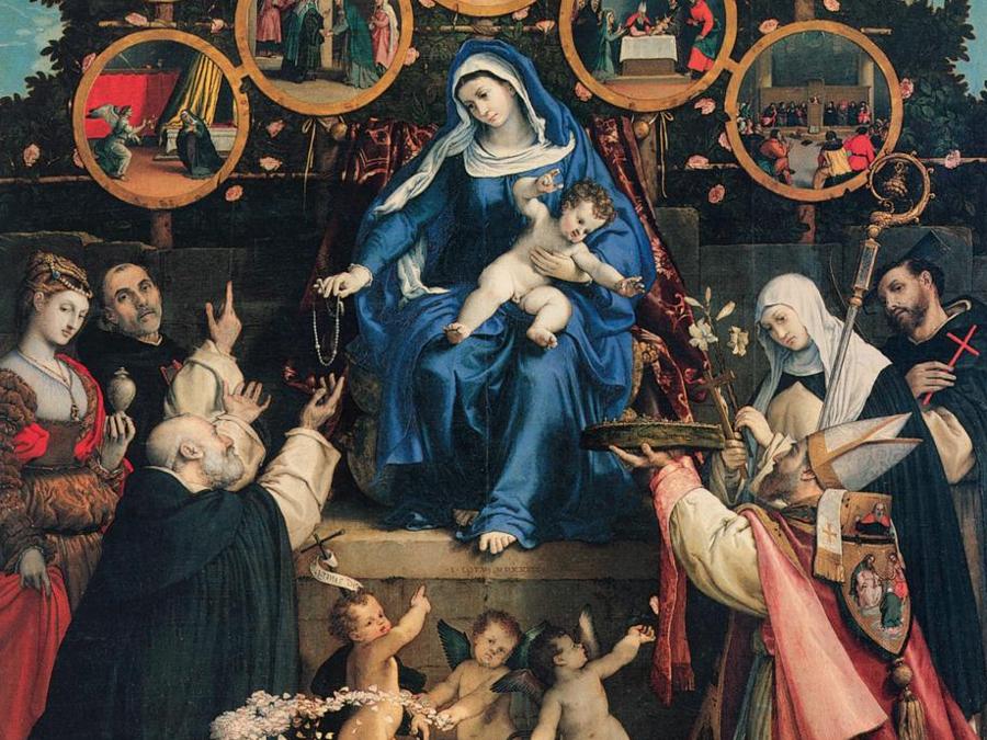 ITINERARI 1. Lorenzo Lotto. Madonna in trono col Bambino tra i santi Domenico, Maddalena, Vincenzo Ferrer, Pietro martire, Caterina da Siena, Esuperanzio, Giovannino con due angeli e i Misteri del Rosario (Madonna del Rosario), 1539. Olio su tela, 384 x 264 cm. Cingoli, chiesa di San Domenico