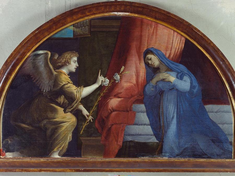 ITINERARI 6. Lorenzo Lotto. Visitazione e Annunciazione. Cimasa: Annunciazione. Olio su tela, 103 x 132 cm. Pannello: Visitazione. Olio su tela, 154 x 152 cm .Jesi, Pinacoteca Civica, Palazzo Pianeti
