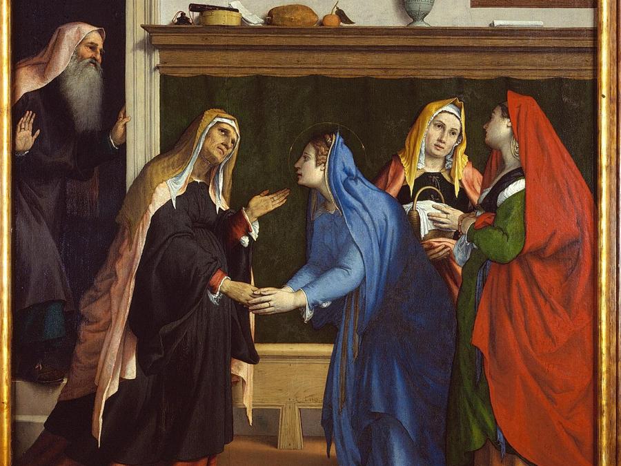 ITINERARI 6. Lorenzo Lotto. Visitazione e Annunciazione. Cimasa: Annunciazione. Olio su tela, 103 x 132 cm. Pannello: Visitazione. Olio su tela, 154 x 152 cm .Jesi, Pinacoteca Civica, Palazzo Pianeti