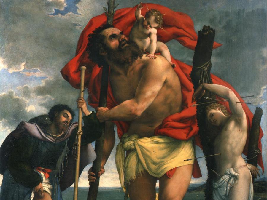 ITINERARI 7. Lorenzo Lotto. San Cristoforo con Bambino tra i santi Rocco e Sebastiano. 1532-1533 circa. Olio su tavola, 275 x 231 cm. Loreto, basilica della Santa Casa