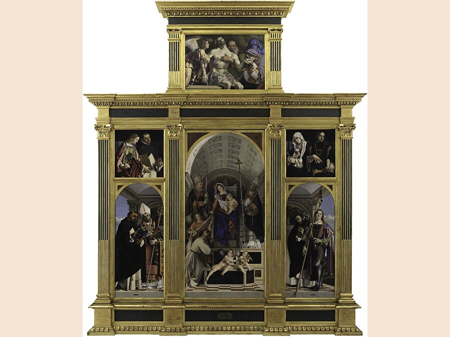 ITINERARI 16. Lorenzo Lotto.Polittico di San Domenico, 1506 - 1508. Cimasa: Cristo Morto sorretto da un angelo, san Giuseppe d' Arimatea, la Vergine e la Maddalena. Olio su tavola, cm 79,5 x 113,5 x 2,6. Pannello superiore laterale sinistro: Santa Lucia e San Vincenzo Ferrer. Olio su tavola, cm 66,5 x 67 x 2,1. Pannello superiore laterale destro: Santa Caterina da Siena e san Sigismondo. Olio su tavola, cm 66,4 x 67,4 x 2,1. Pannello centrale: Madonna col Bambino, san Domenico in atto di ricevere lo scapolare e i papi Gregorio e Urbano, un angelo e due putti musicanti. Olio su tavola, cm 227,7 x 108,8 x 2,6. Pannello inferiore laterale sinistro: San Tommaso d'Aquino e san Flaviano: Olio su tavola, cm 158,5 x 66,7 x 2,4. Pannello inferiore laterale destro: San Pietro martire e San Vito. Olio su tavola, cm 158,4 x 66,2 x 2,4. Recanati, Museo Civico, Villa Colloredo Mels