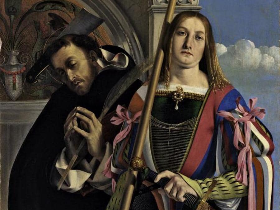 ITINERARI 16. Lorenzo Lotto.Polittico di San Domenico, 1506 - 1508. Cimasa: Cristo Morto sorretto da un angelo, san Giuseppe d' Arimatea, la Vergine e la Maddalena. Olio su tavola, cm 79,5 x 113,5 x 2,6. Pannello superiore laterale sinistro: Santa Lucia e San Vincenzo Ferrer. Olio su tavola, cm 66,5 x 67 x 2,1. Pannello superiore laterale destro: Santa Caterina da Siena e san Sigismondo. Olio su tavola, cm 66,4 x 67,4 x 2,1. Pannello centrale: Madonna col Bambino, san Domenico in atto di ricevere lo scapolare e i papi Gregorio e Urbano, un angelo e due putti musicanti. Olio su tavola, cm 227,7 x 108,8 x 2,6. Pannello inferiore laterale sinistro: San Tommaso d'Aquino e san Flaviano: Olio su tavola, cm 158,5 x 66,7 x 2,4. Pannello inferiore laterale destro: San Pietro martire e San Vito. Olio su tavola, cm 158,4 x 66,2 x 2,4. Recanati, Museo Civico, Villa Colloredo Mels (particolare)