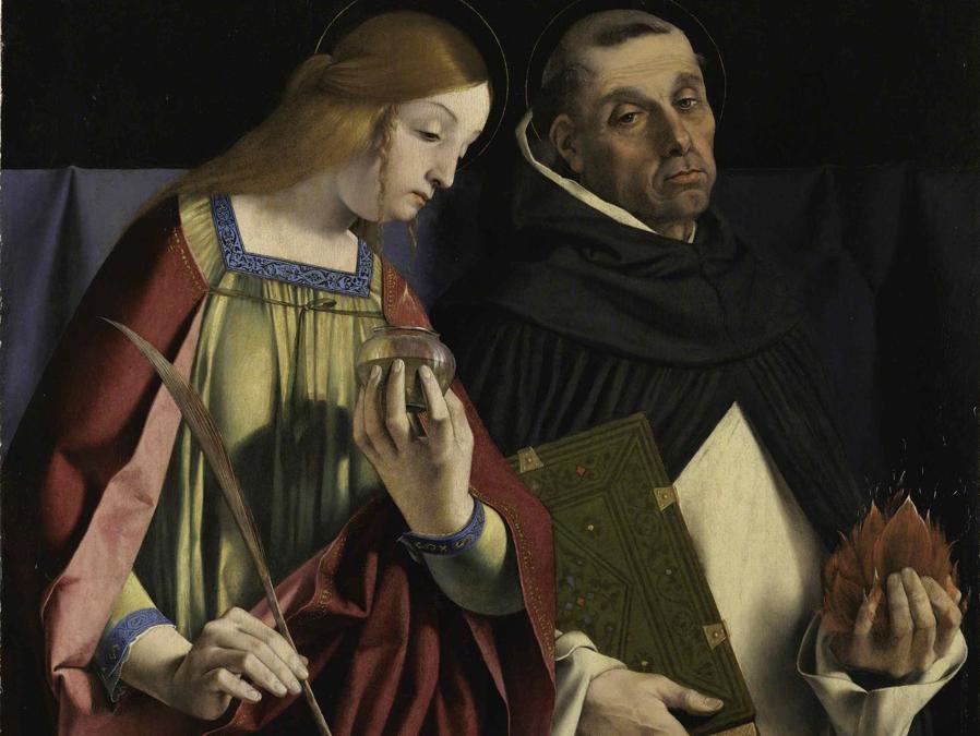 ITINERARI 16. Lorenzo Lotto.Polittico di San Domenico, 1506 - 1508. Cimasa: Cristo Morto sorretto da un angelo, san Giuseppe d' Arimatea, la Vergine e la Maddalena. Olio su tavola, cm 79,5 x 113,5 x 2,6. Pannello superiore laterale sinistro: Santa Lucia e San Vincenzo Ferrer. Olio su tavola, cm 66,5 x 67 x 2,1. Pannello superiore laterale destro: Santa Caterina da Siena e san Sigismondo. Olio su tavola, cm 66,4 x 67,4 x 2,1. Pannello centrale: Madonna col Bambino, san Domenico in atto di ricevere lo scapolare e i papi Gregorio e Urbano, un angelo e due putti musicanti. Olio su tavola, cm 227,7 x 108,8 x 2,6. Pannello inferiore laterale sinistro: San Tommaso d'Aquino e san Flaviano: Olio su tavola, cm 158,5 x 66,7 x 2,4. Pannello inferiore laterale destro: San Pietro martire e San Vito. Olio su tavola, cm 158,4 x 66,2 x 2,4. Recanati, Museo Civico, Villa Colloredo Mels (particolare)