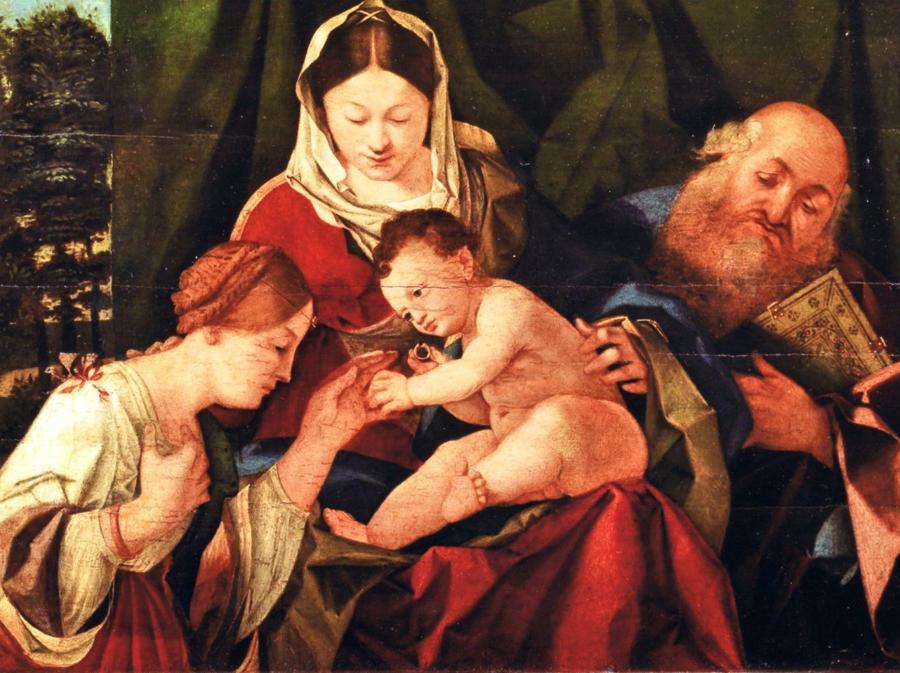 Bottega di Lorenzo Lotto. Sposalizio mistico di Santa Caterina alla presenza di san Girolamo, 1507. Olio su tavola, 36,5 x 52 x 2,5 cm. Collezione privata