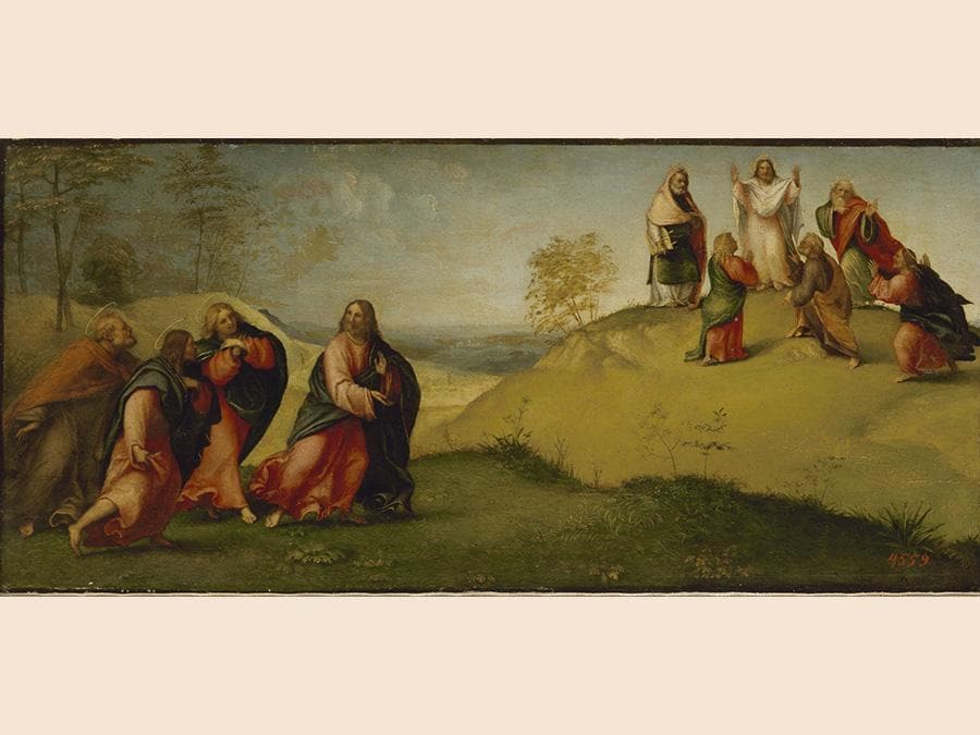 Lorenzo Lotto. Cristo conduce gli apostoli sul monte Tabor, 1511 ca. Olio su tavola, trasportato su tela, 26,5 x 58 cm. San Pietroburgo, Museo Statale Ermitage