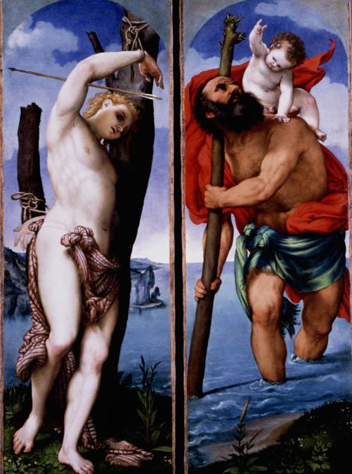 Lorenzo Lotto. San Cristoforo e San Sebastiano, 1538-1539. Olio su tela, 162 x 56,8 cm ciascuno. Berlino, Staatliche Museen su Berlin, Gemäldegalerie