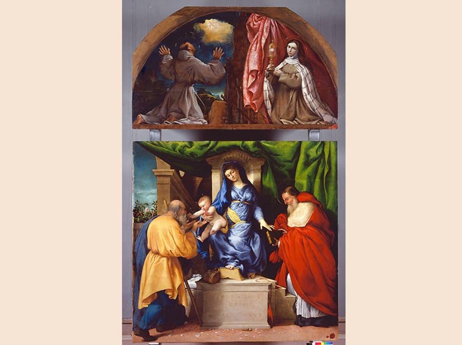 ITINERARI 4. Lorenzo Lotto. Madonna col bambino e i SS Giuseppe e Gerolamo (Madonna delle Rose), 1526. Olio su tavola, 155 x 160 cm. Jesi, Pinacoteca Civica, Palazzo Pianetti. Lunetta: San Francesco e Santa Chiara, 1526. Olio su tavola, 85 x 160 cm. Jesi, Pinacoteca Civica, Palazzo Pianetti