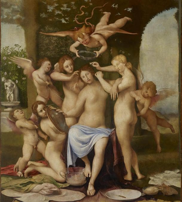 Lorenzo Lotto. Venere adornata dalle Grazie. Olio su tavola 218,5x195x10,5 cm. Collezione privata