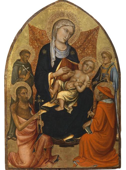Mariotto di Nardo di Cione, Madonna col Bambino fra i santi Francesco, Giovanni Battista, Lorenzo e Girolamo (circa 1421), Courtesy Salamon Old Masters