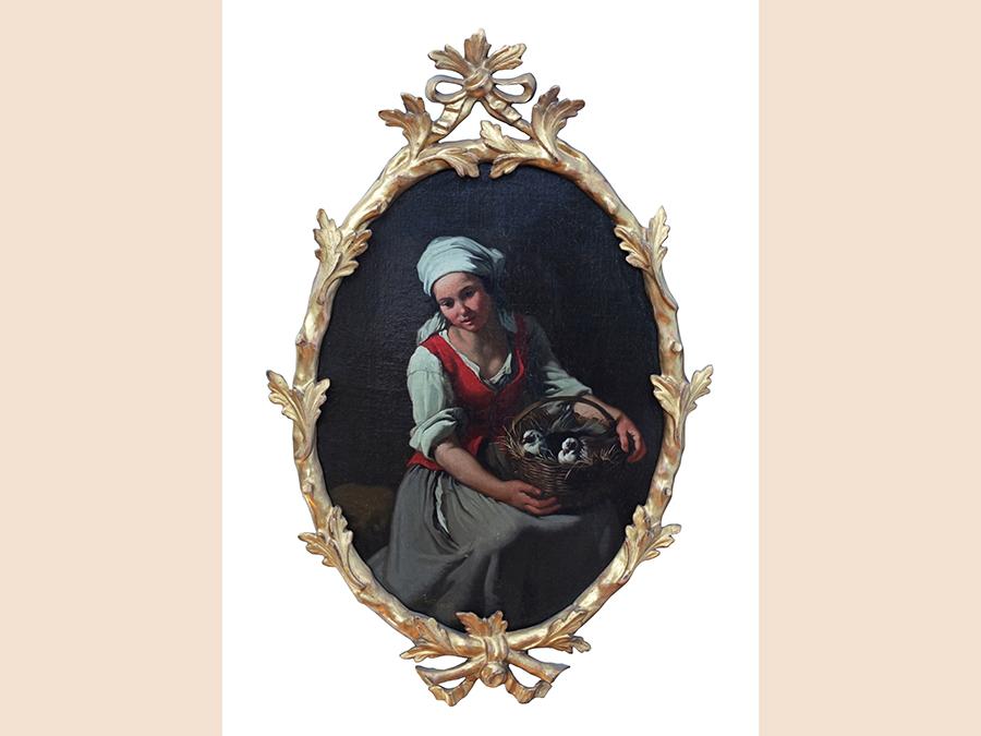 Piva & C. una tela di Francesco Londonio (Milano, XVIII secolo) raffigurante una contadinella con cesto di colombe