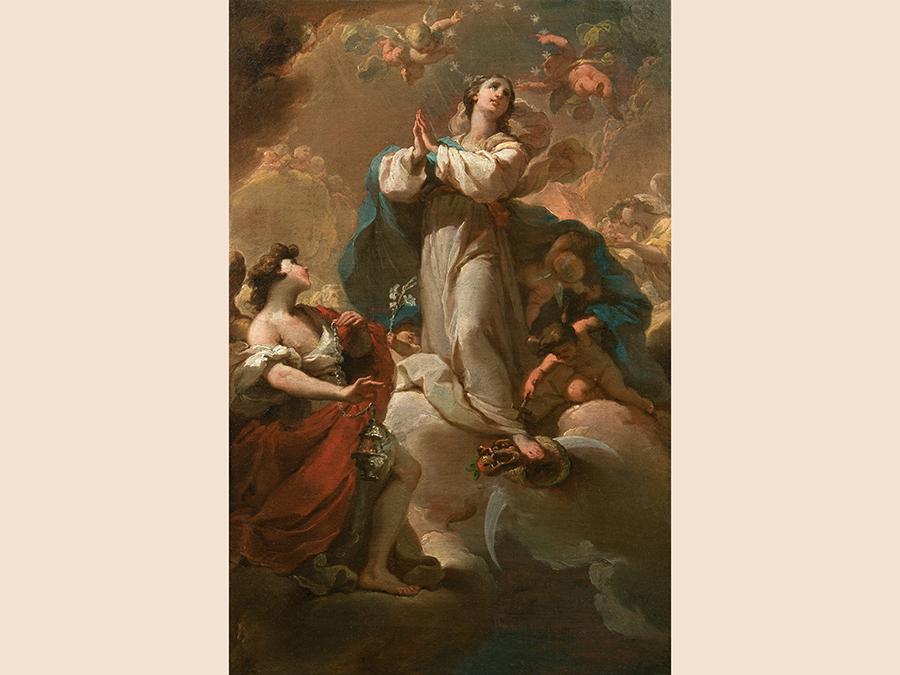 Fondantico di Ubaldo Gandolfi (XVIII secolo) un lotto di due oli su tela su tela 56,5x37,5 cm «Immacolata Concezione e angeli» e «La Madonna col Bambino appare ai Santi Giorgio e Francesco» e del disegno preparatorio per il bozzetto di quest'ultimo in penna e acquarello seppia su carta 277x203 cm proposto per 200mila euro