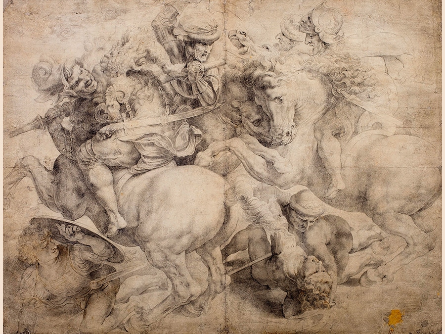 Italian School, 16th century. The Fight for The Standard (The Battle of Anghiari), After Leonardo. Black chalk and gray wash, with touches of pen and brown ink; bears inscriptions, in brown ink: Leonardo da Vinci (fecit deleted), No 2 and A v Dyk 435 by 565 mm; 17 1/8 by 22 1/4 in. Estimate $25/35,000. Sold for $795,000