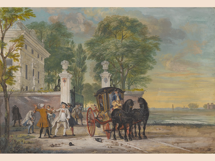 Cornelis Troost. 'Drinkenburg' (The Morning After). Gouache, with some pastel, within black borders, on paper laid down on canvas; signed on the wall, centre left: CTroost and inscribed, on the gateposts: drinken / Bürg. 440 by 635 mm; 17 3/8 by 25 in. Estimate $300/400,000. Sold for $639,000