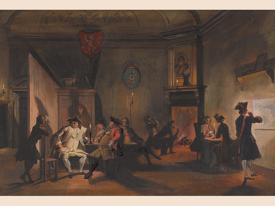 Cornelis Troost.A Corps De Garde with Dutch Officers at Night.Gouache; signed in black ink, lower left: C. Troost and bears old numbering and initials(?) in brown. ink, verso: No378 and EPA. 338 by 498 mm; 13 1/4 by 19 5/8 in. Estimate $250/300,000. Sold for $459,000