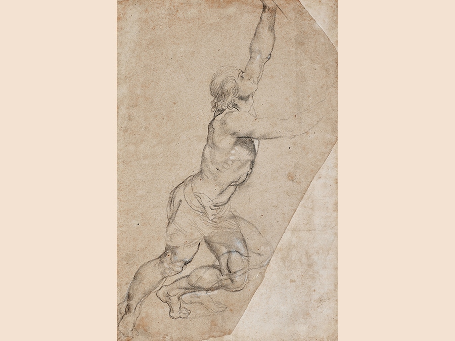 Property from the Collection Formed by King William II of the Netherlands and Anna Pavlovna. Sir Peter Paul Rubens. Nude Study of a Young Man with Raised Arms. Black chalk, heightened with white; the two right corners cut; bears inscription in brown ink, on made up lower right corner: Rubens 491 by 315 mm; 19 3/8 by 12 3/8 in. Estimate $2.5/3.5 million. Sold for $8,202,000. RECORD FOR A DRAWING BY THE ARTIST