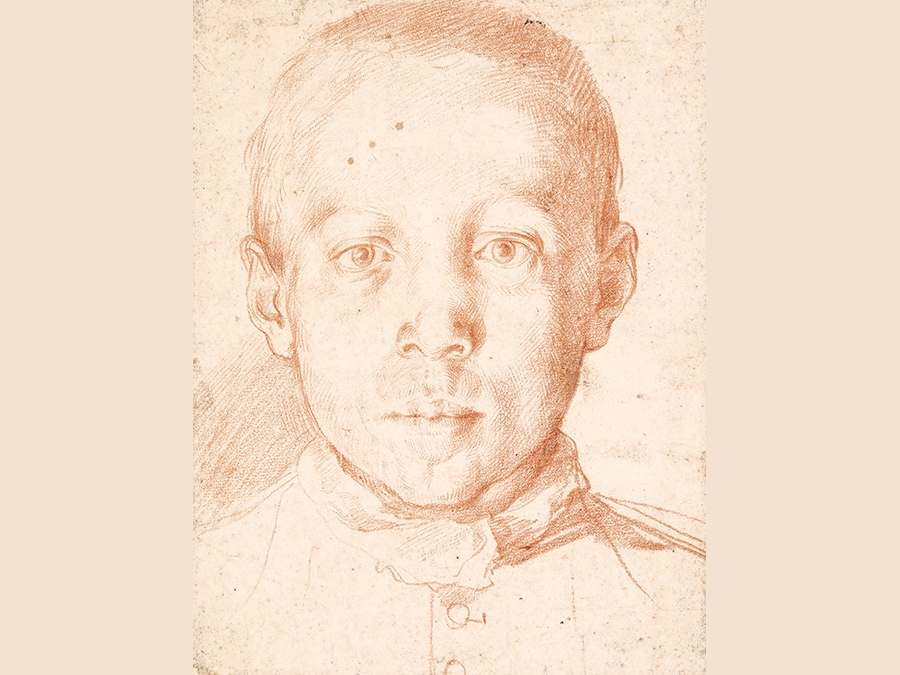 Property from the Collection Formed by King William II of the Netherlands and Anna Pavlovna. Attributed to Agostino Carracci. Portrait of a Youth. Red chalk; bears recent attribution in black chalk on the backing sheet: Domenichino 295 by 224 mm; 11 5/8 by 8 7/8 in Estimate $35/45,000. Sold for $1,455,000