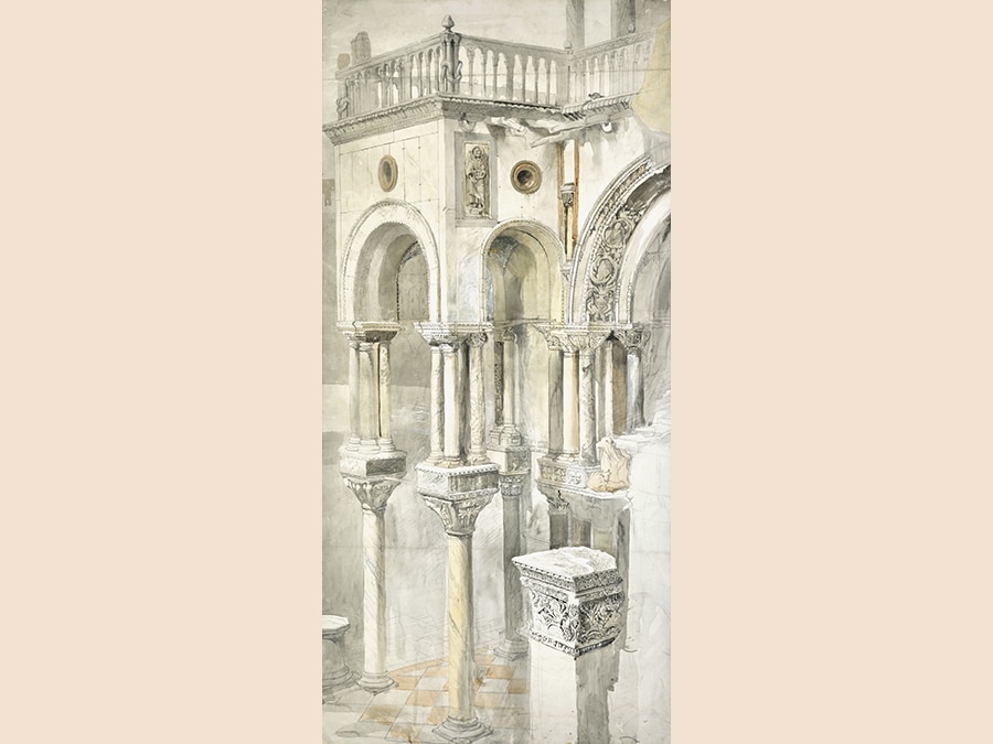 Property from the Descendants of Evelyn Joll (1925-2001). John Ruskin. The South Side of the Basilica of St Mark's, from the Loggia of the Doge's Palace, Venice. Watercolor over pencil, heightened with bodycolour. 966 by 456 mm; 38 by 18 in. Estimate $120/180,000. Sold for $150,000