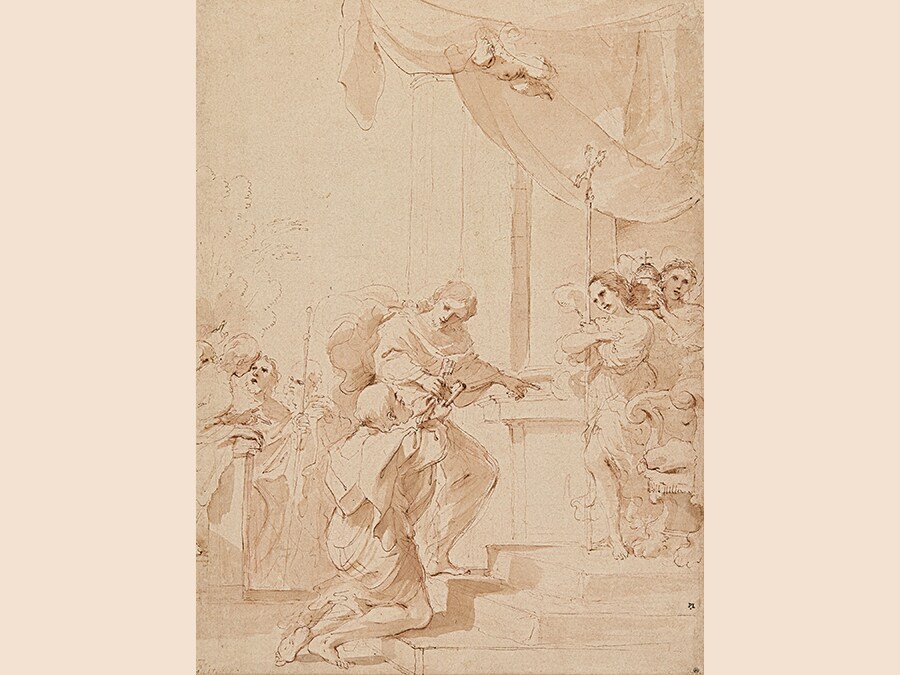 Property from the Collection Formed by King William II of the Netherlands and Anna Pavlovna. Giovanni Francesco Barbieri, called il Guercino. Saint Peter Receiving the Keys from Christ. Pen and brown ink and wash over red chalk, within partial pen and brown ink framing lines; bears old attribution in pen and brown ink, lower left: Guirchino. 380 by 287 mm; 15 by 12 1/4 in. Estimate $70/90,000. Sold for $237,500