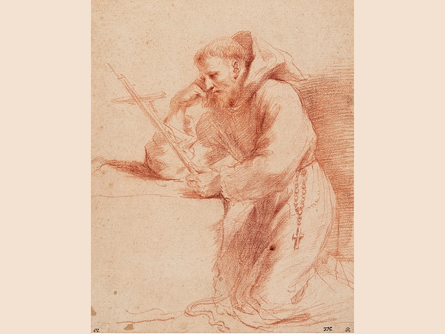 Giovanni Francesco Barbieri, called il Guercino. St. Francis of Assisi, Kneeling in Prayer. Red chalk. 240 by 192 mm; 9 1/2 by 7 1/2 in. Estimate $25/35,000. Sold for $150,000