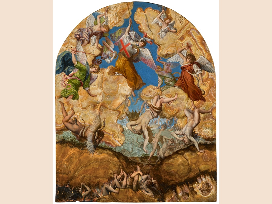 Property of an American Collector. Orazio Gentileschi. The Fall of the Rebel Angels, oil on alabaster, with an arched top. 19⅝ by 15⅞ in.; 49.8 by 40.3 cm. Estimate $2.5/3.5 million. Sold for $3,255,000