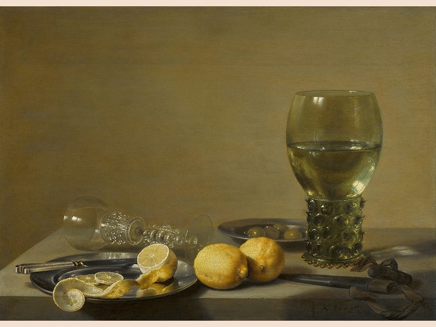 Pieter Claesz. Still Life of Lemons and Olives, Pewter Plates, a Roemer and a Façon-de-Venise wine Glass on a Ledge, signed in monogram and dated lower right: PC Ao .1629. oil on oak panel 17 1/2 by 24 in.; 44.5 by 61 cm.; Estimate $700/900,000. Sold for 2,535,000. RECORD FOR THE ARTIST AT AUCTION