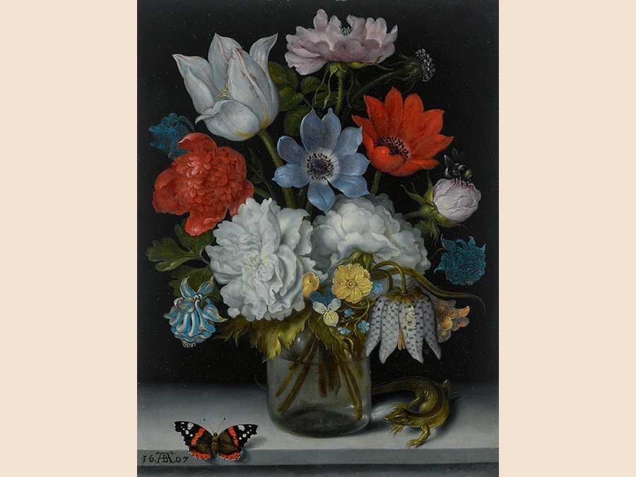 Property of an East Coast Private Collector.Ambrosius Bosschaert the Elder. A Still Life of Flowers in a Glass Flask on a Marble Ledge, Flanked by a Red Admiral Butterfly and a Lizard, signed in monogram and dated lower left: 16 AB 07, formerly inscribed on a label affixed to a backing board: Tableau de cuivre/ de Brughel de Velours/ A été donné à mon père par/ Mme Marcel, veuve de l'orientaliste/ de ce nom qui avait fait partie/ de l'éxpedition d'Egypte et qui plus/ tard, devenu aveugle, dicta, et qui plus/ tard, à sa femme, une dictionnaire arabe/ for apprecié, oil on copper 9 3/8 by 7 1/4 in.; 23.8 by 18.4 cm. Estimate $2.5/3.5 million. Sold for $3,015,000