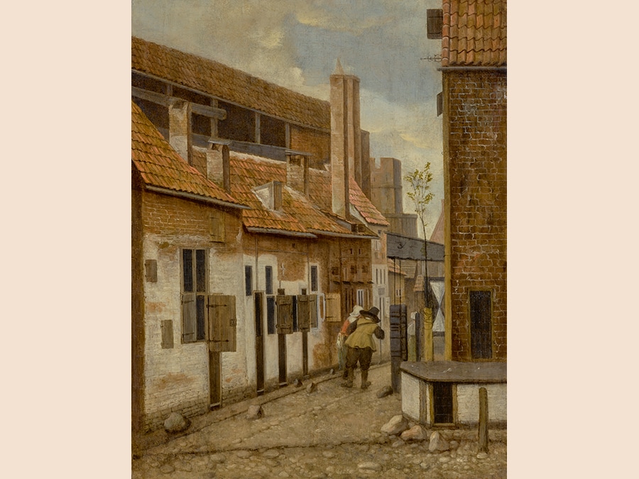 Jacobus Vrel,. Street Scene with Two Figures Walking Away, signed in monogram middle right: JV oil on panel 14 by 11 in.; 35.7 by 27.8 cm. Estimate $1.5/2 million. Sold for $1,215,000