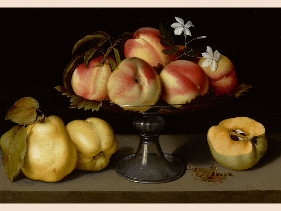 Property of a West Coast Collector. Fede Galizia. A Glass Compote with Peaches, Jasmine Flowers, Quinces, and a Grasshopper. Oil on panel 12 by 17 in.; 30.5 by 43.2 cm. Estimate $2/3 million. Sold for $2,415,000. RECORD FOR THE ARTIST AT AUCTION